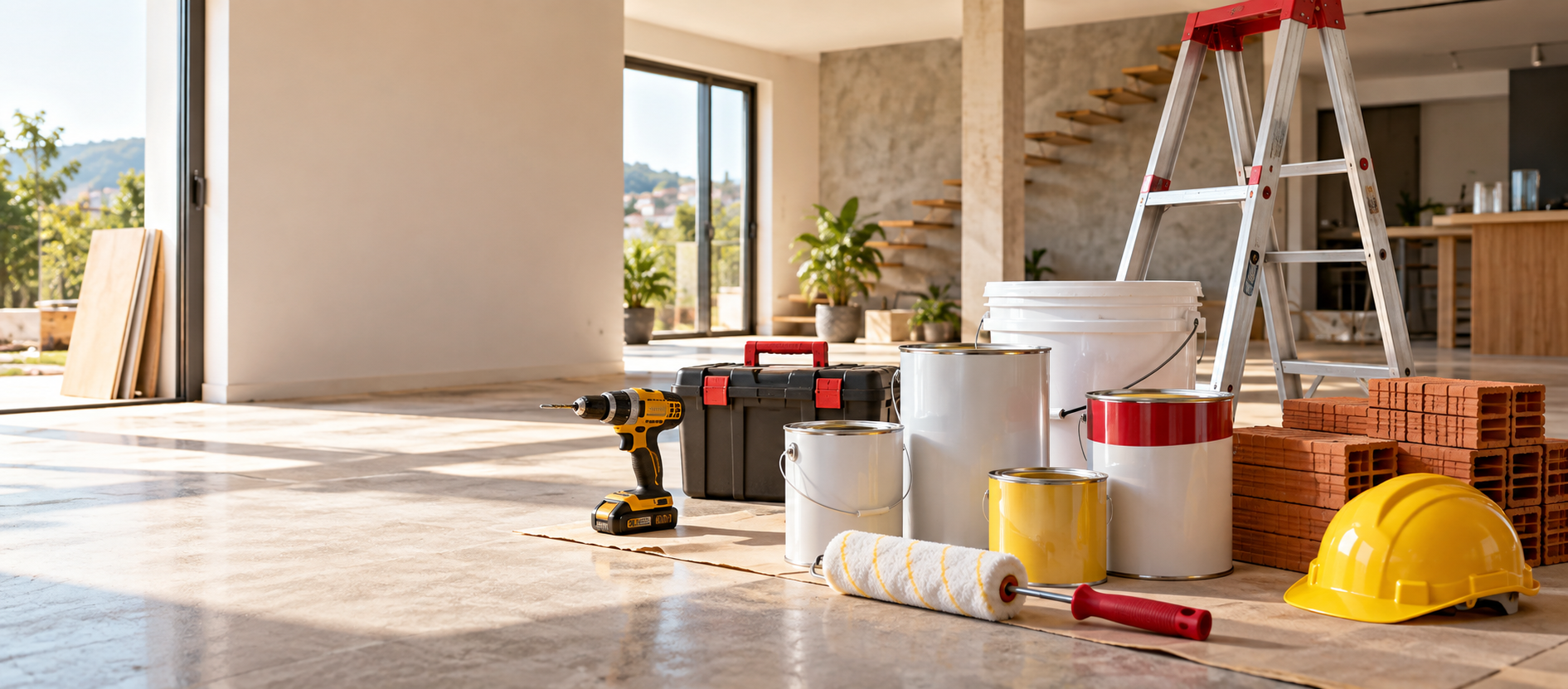 Materiais de construção organizados em uma casa em reforma