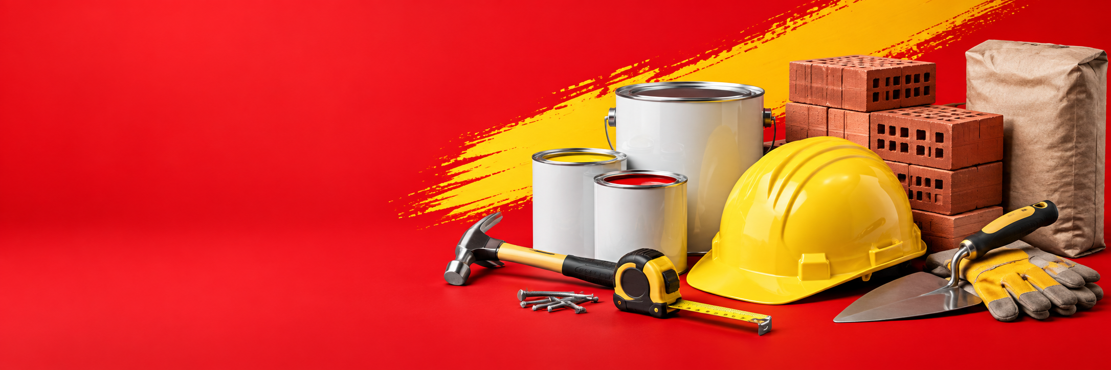 Ferramentas e materiais de construção em fundo vermelho